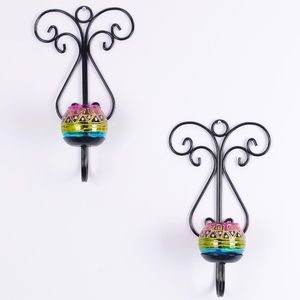 Butterfly Wall Sconces Hand Painted Tealight Glasses Candle Holders Set of 2